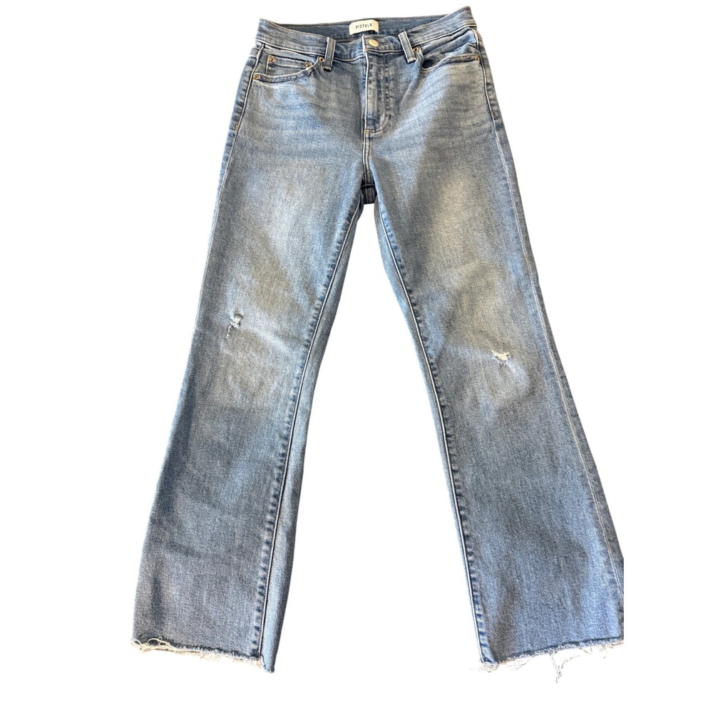 Pistola High Rise Flare Jeans Medium Wash Distressed Raw Hem Size 26